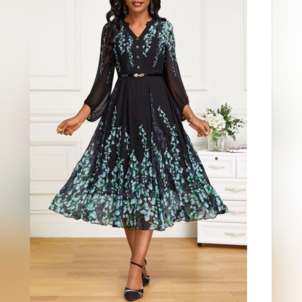 Jing Dian Chiffon Dress with Leaf Detailing